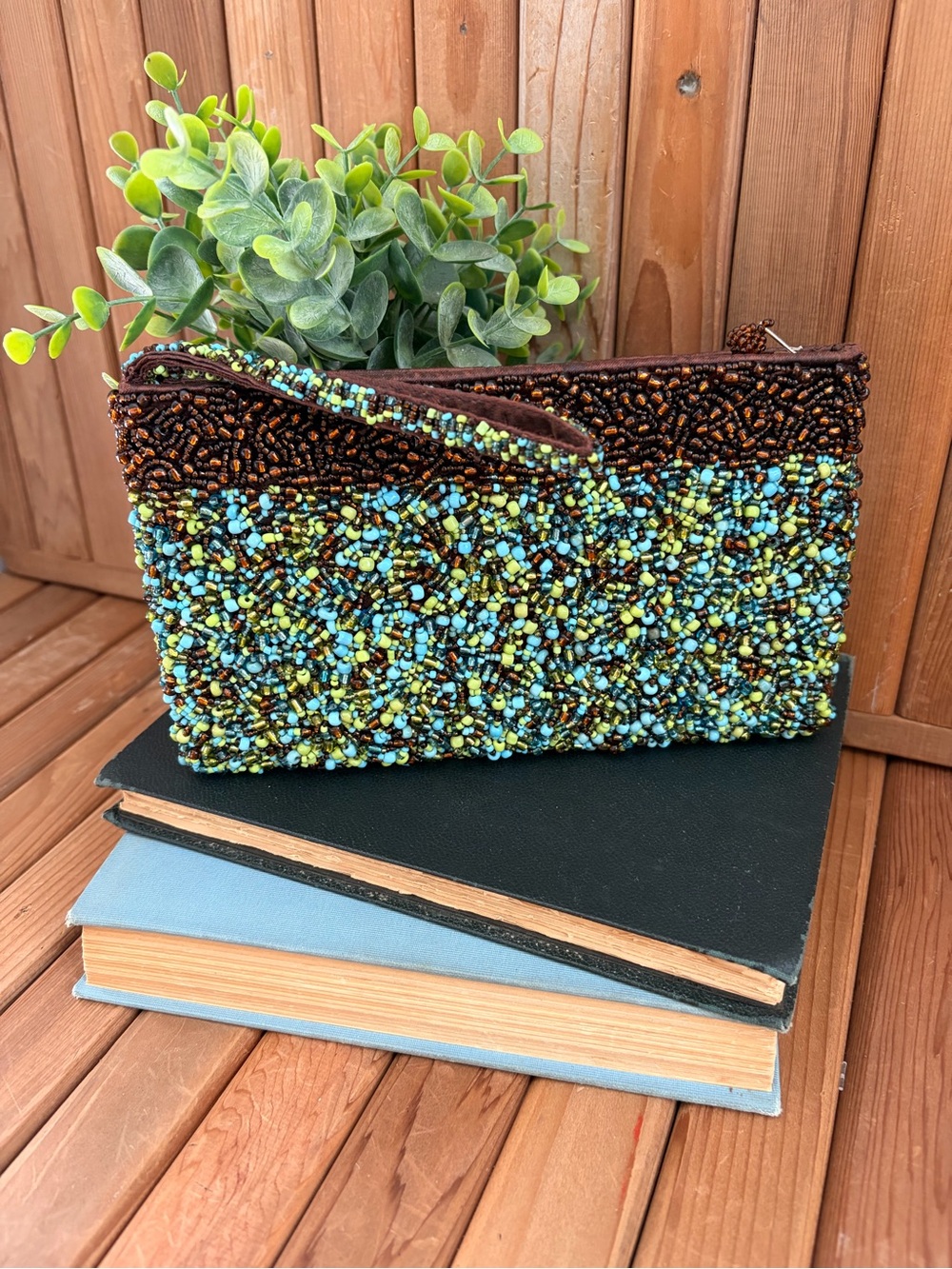 Hand Beaded Boho Clutch Wristlet in Brown Turquoise & Lime Green Seed Beads Y2K
